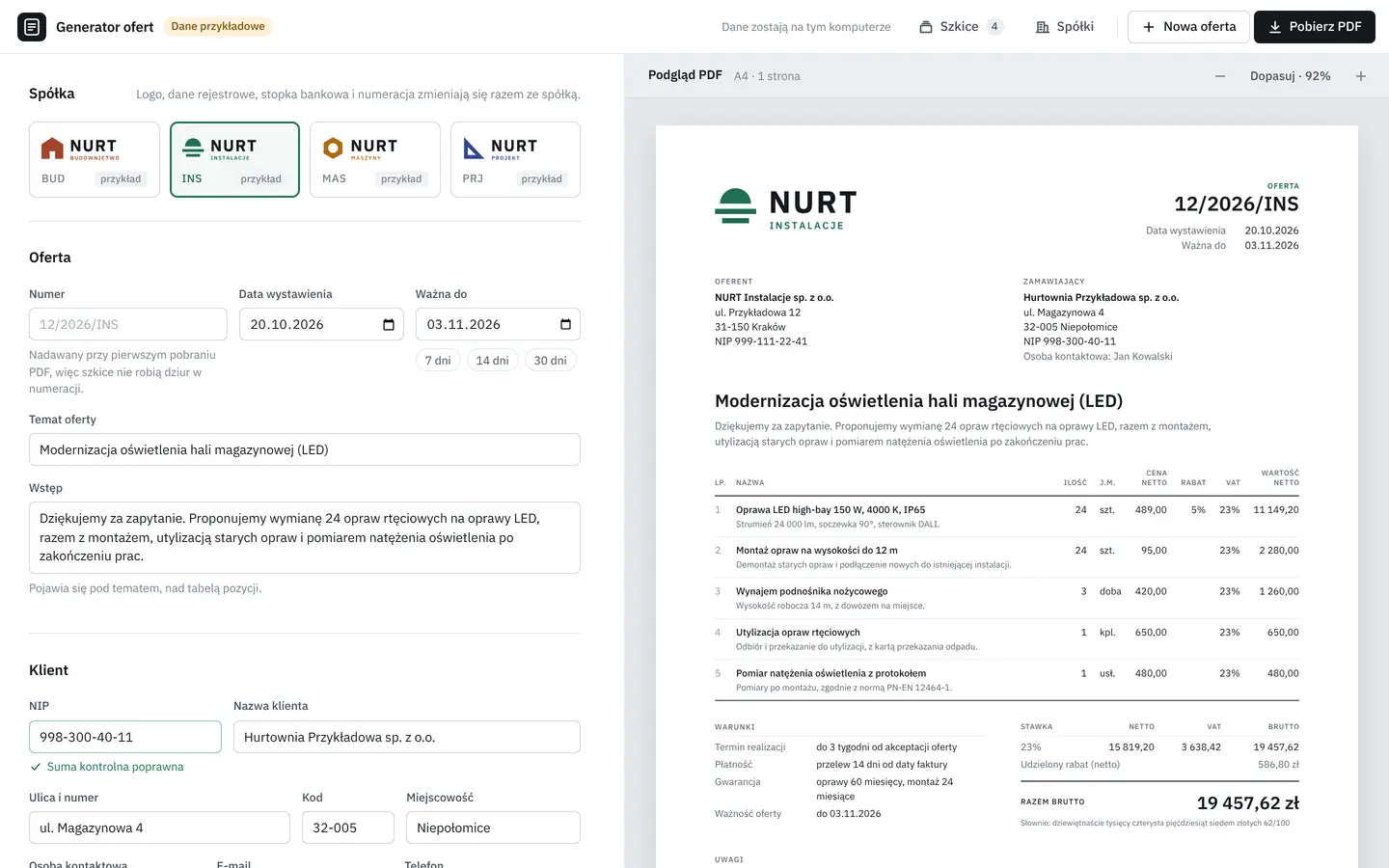 Generator ofert: po lewej formularz oferty z wyborem firmy i sprawdzonym NIP-em, po prawej podgląd oferty PDF z tabelą pozycji i sumami VAT